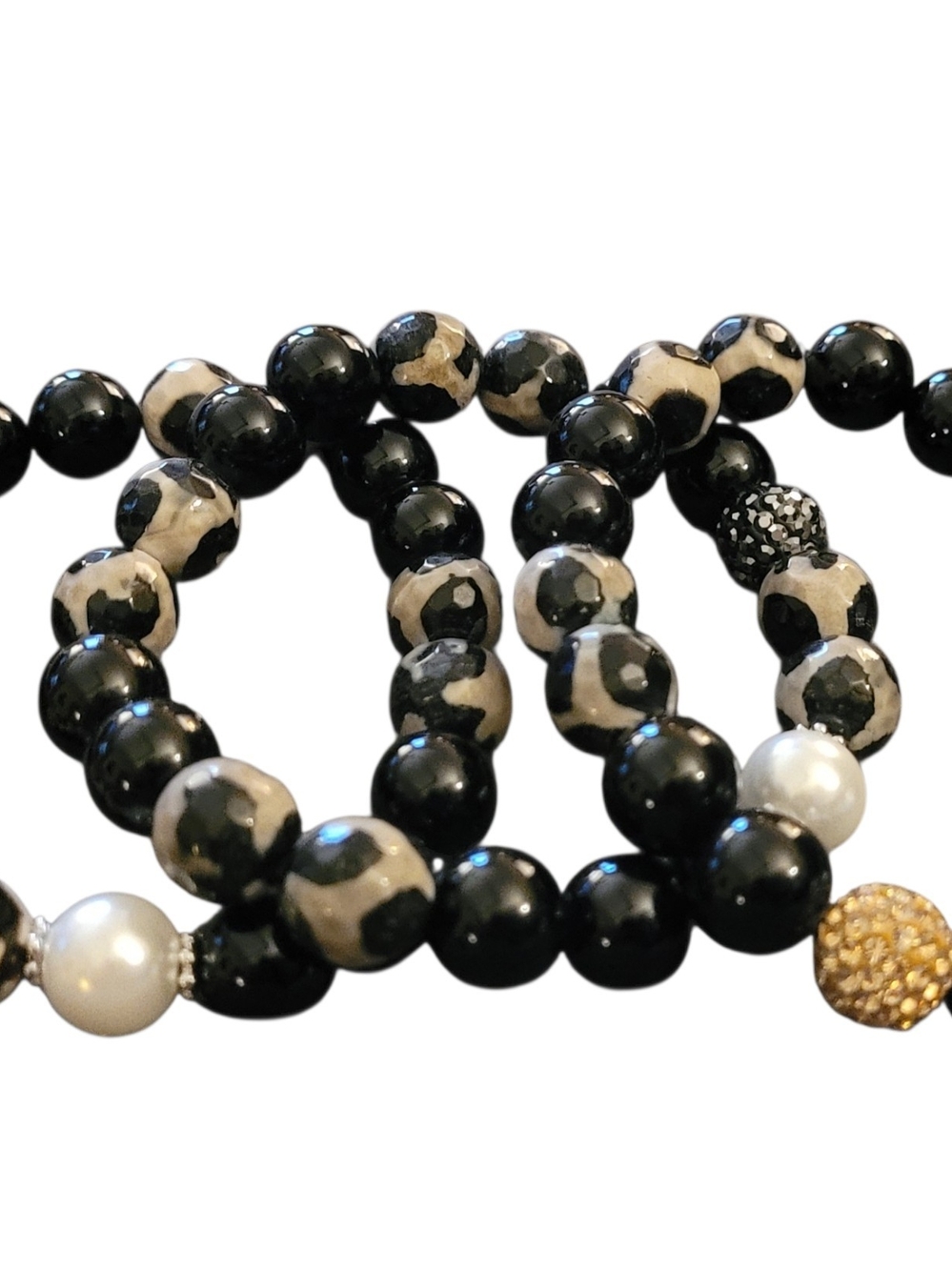 Set of 3 Elegant Black & White Beaded Bracelet with Gold Accent